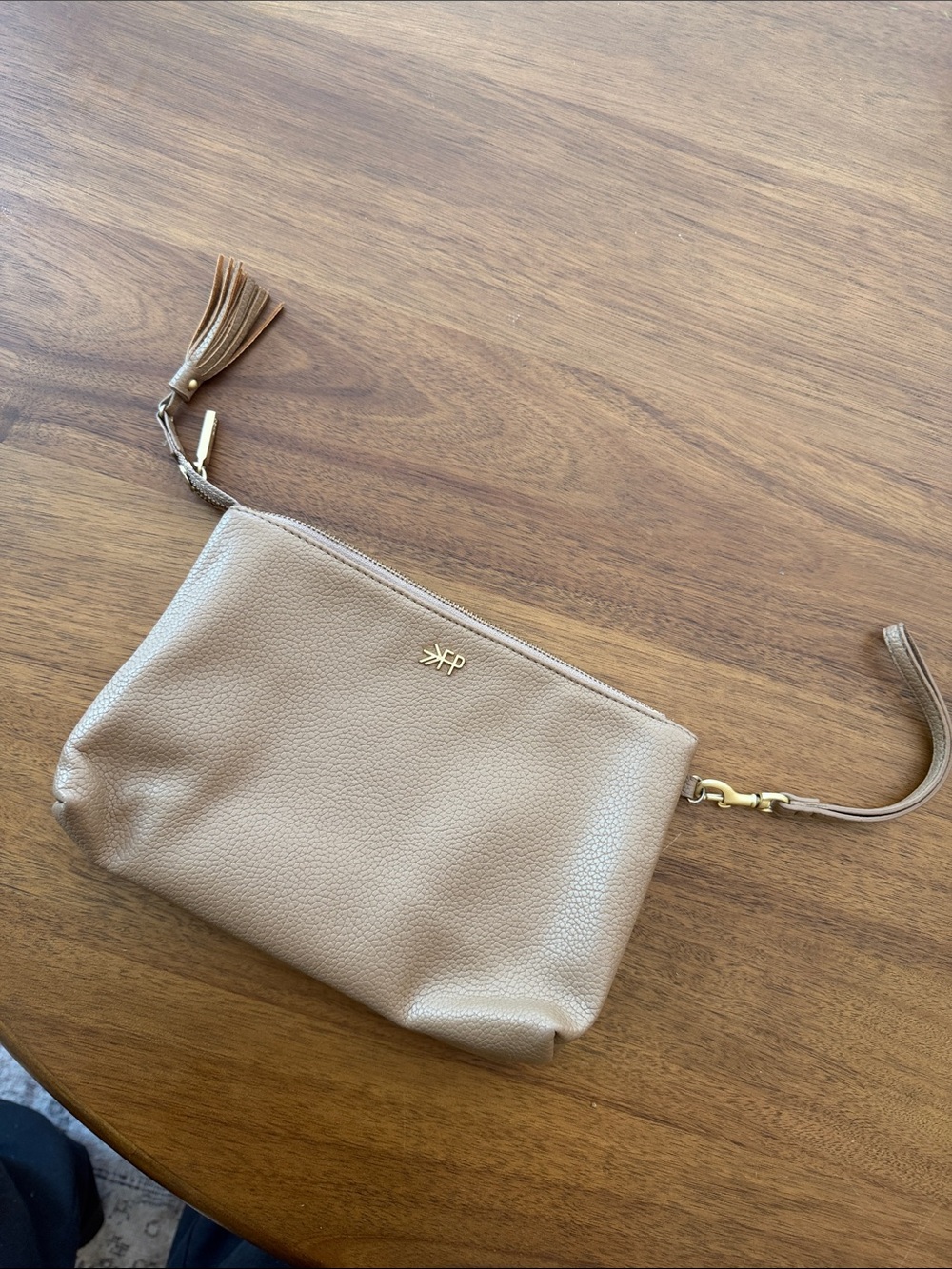 Freshly Picked Taupe Leather Wristlet Clutch with Tassel